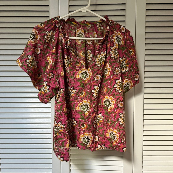 Velvet Brand Lightweight 100% Cotton Boho V Neck Top Short Sleeve Small Loose - Picture 1 of 10